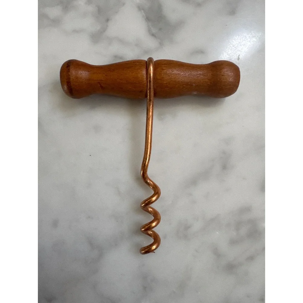 Vintage T-Handle Corkscrew Wood Handle Copper Tone Metal Wine Bottle Opener